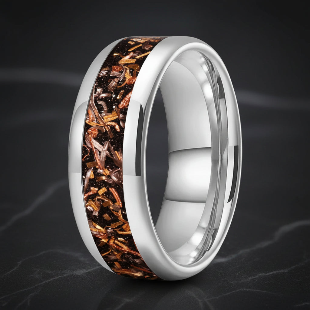 The Molten Strata™ Dome Tungsten Wedding Band with Blacksand