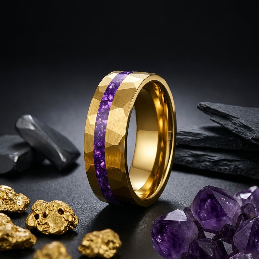 The Royal Veil™ – Hammered Tungsten ring with purple inlay