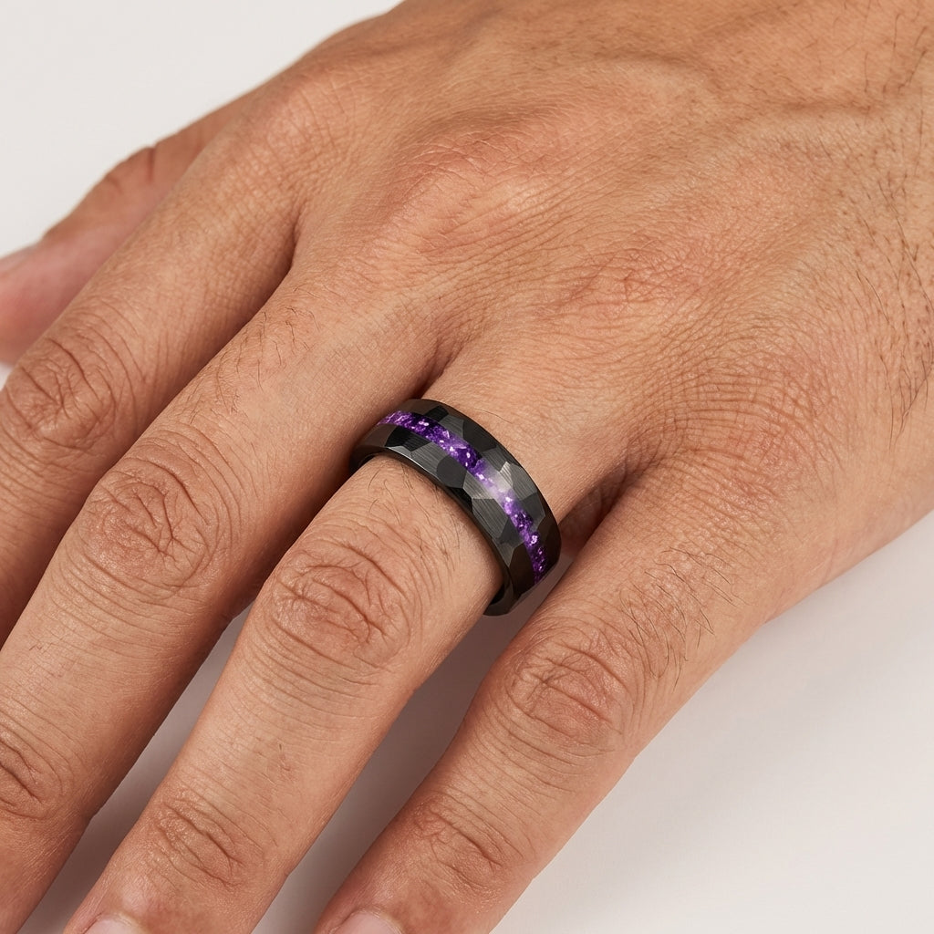 The Royal Veil™ – Hammered Tungsten ring with purple inlay