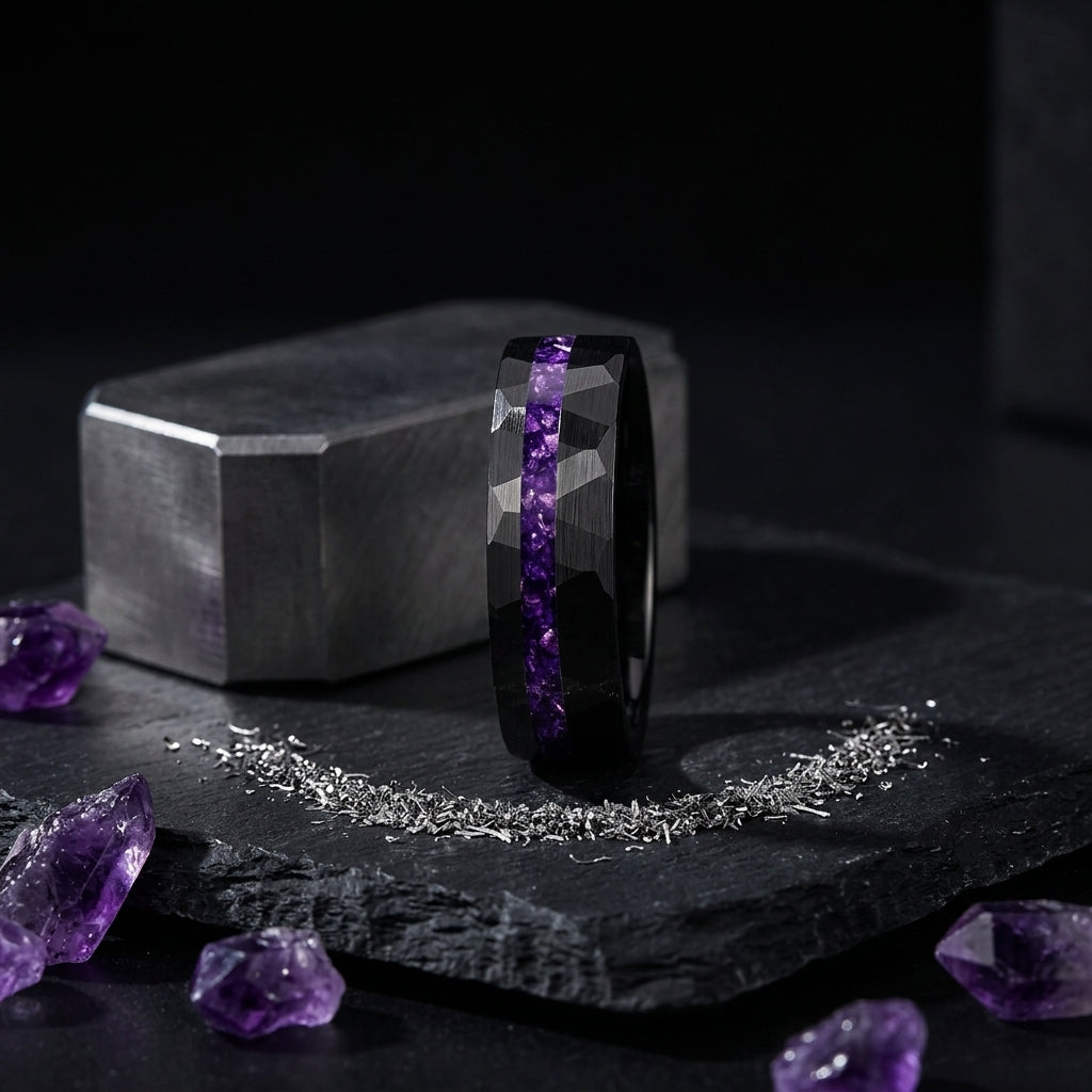 The Royal Veil™ – Hammered Tungsten ring with purple inlay