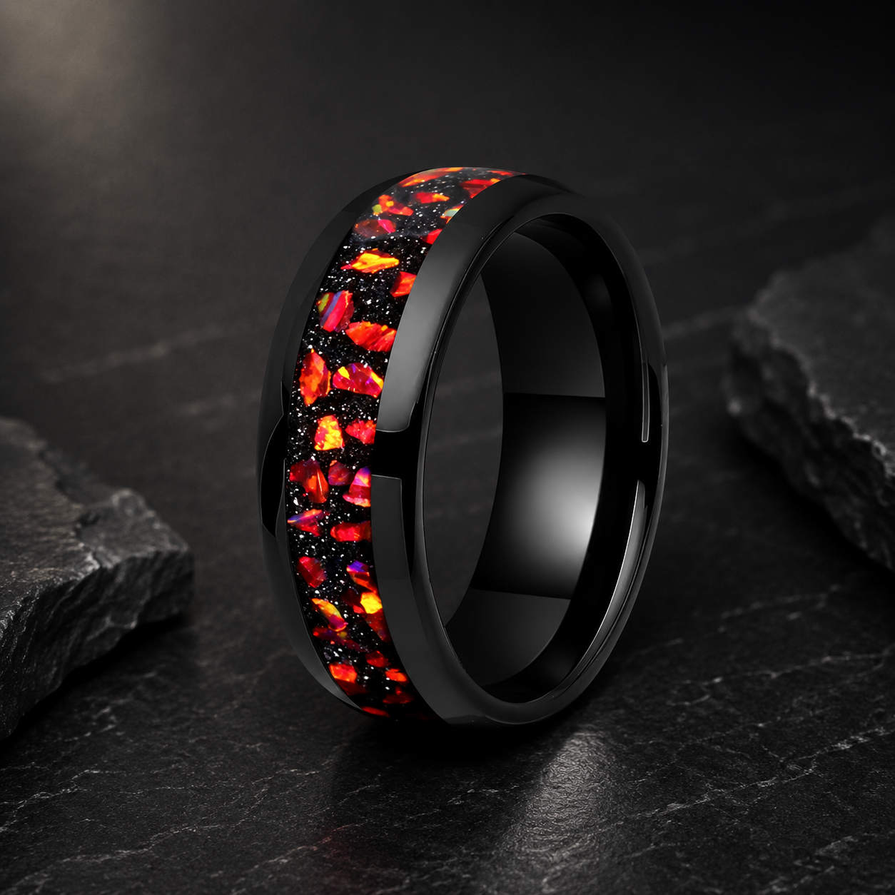 The Rubicund — Tungsten Ring with Red Garnet Inlay