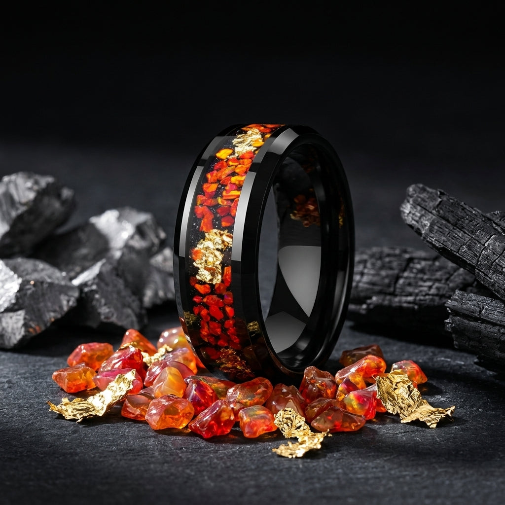 The Solar Ember™ : 8MM Tungsten Ring with Orange Opal