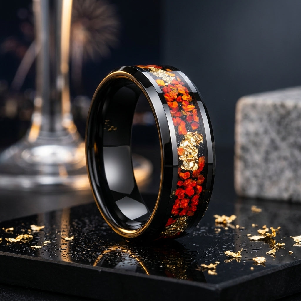 The Solar Ember™ : 8MM Tungsten Ring with Orange Opal