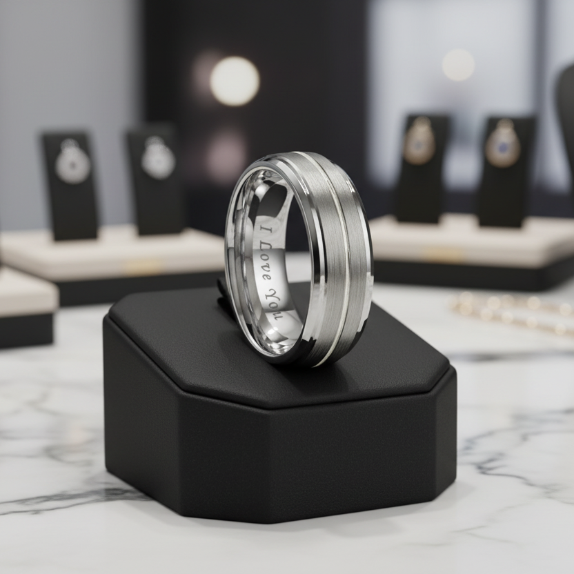 Silver Tungsten Ring with “I Love You” Engraving