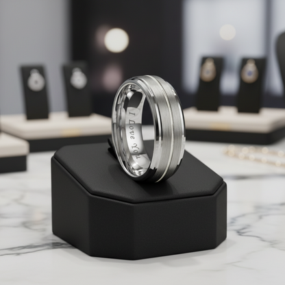 Silver Tungsten Ring with “I Love You” Engraving