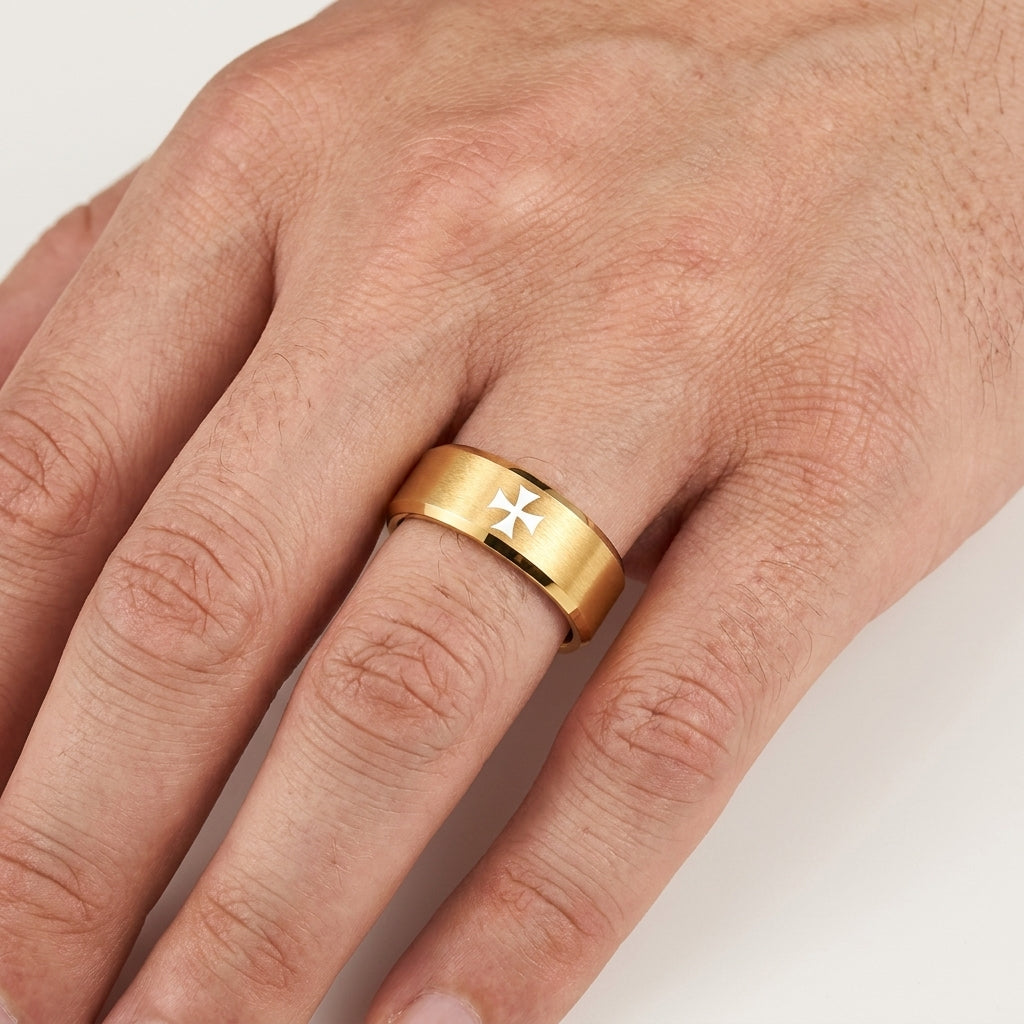 The Templar—Gold Tungsten Cross Ring