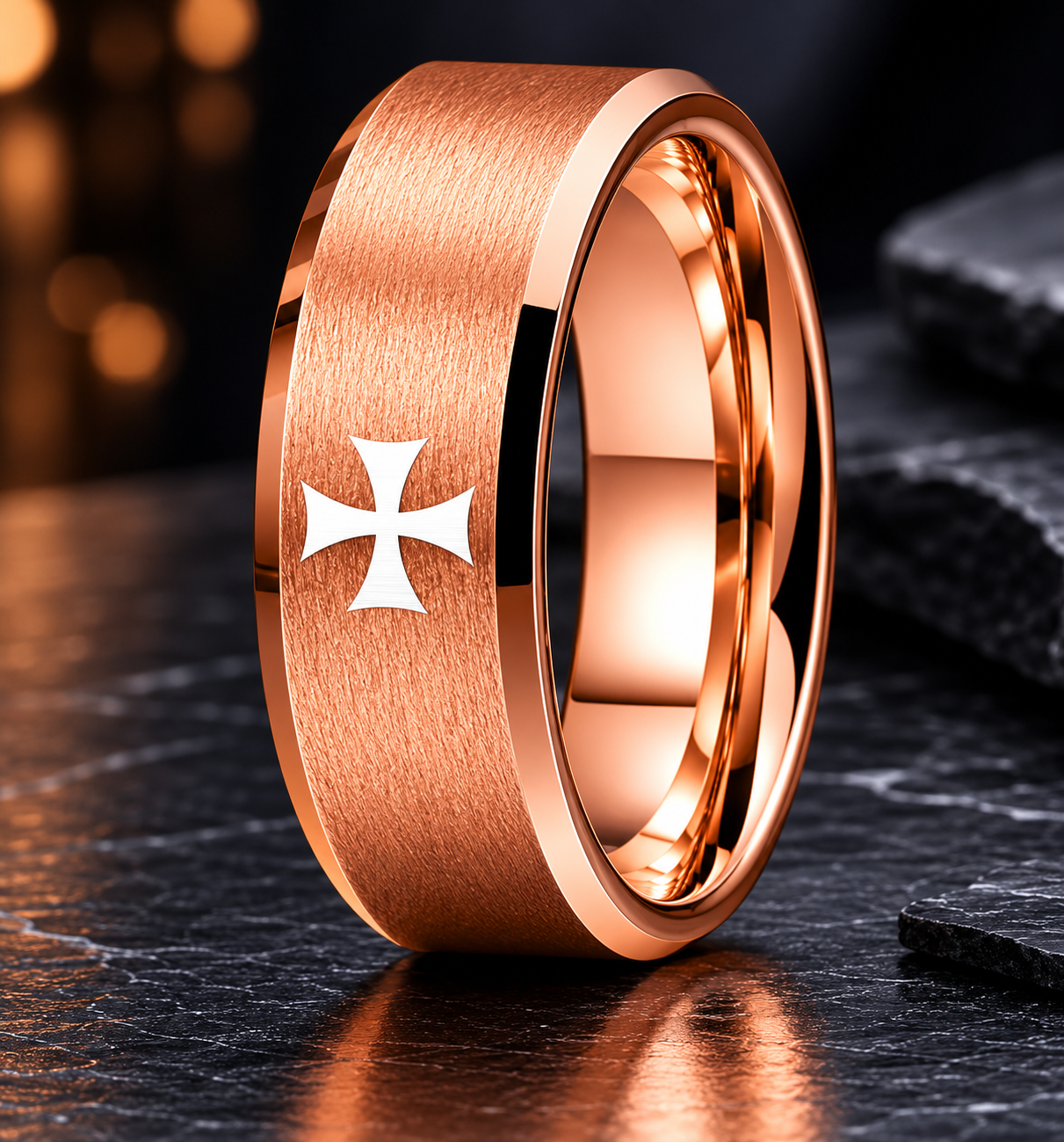 The Templar – Rose Gold Tungsten Cross Ring