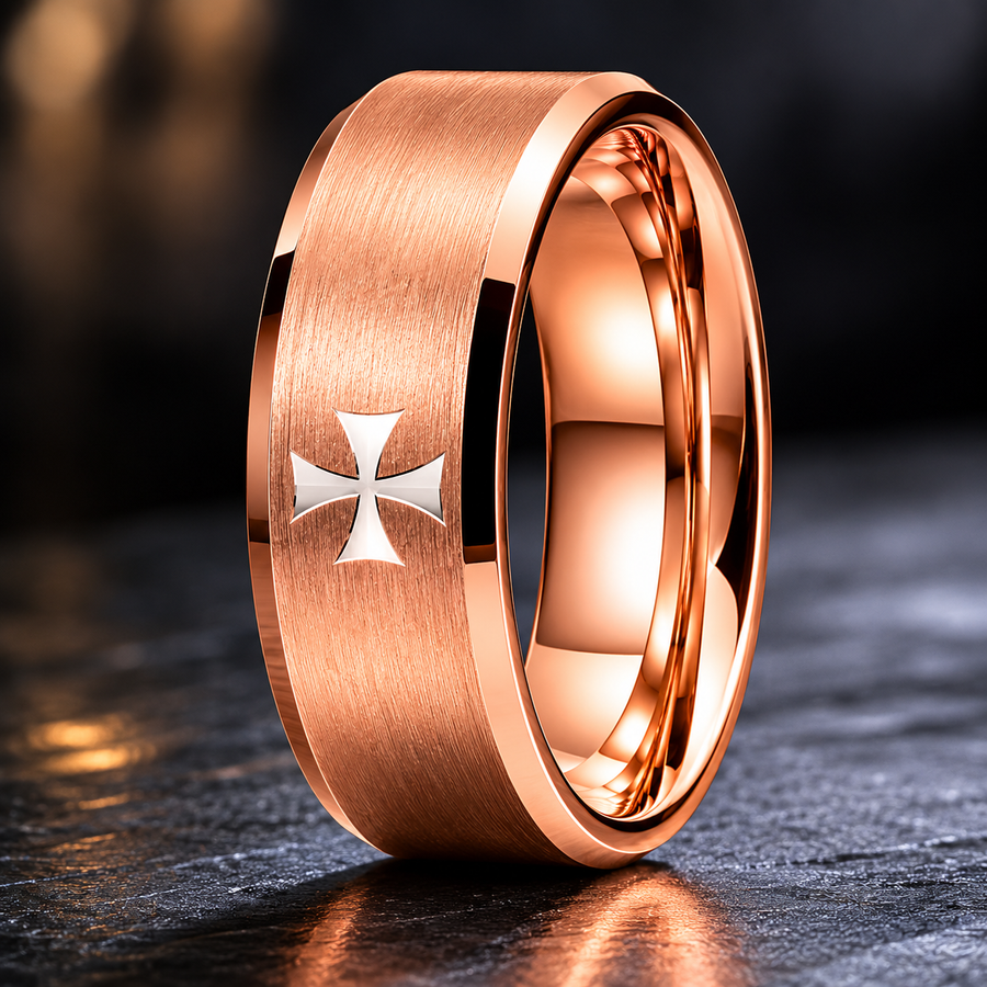 The Templar – Rose Gold Tungsten Cross Ring