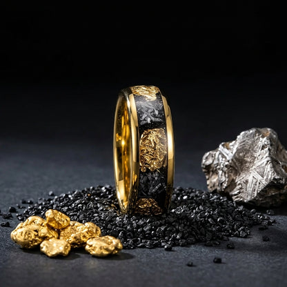 Tungsten Band with Gold Leaf & Meteorite