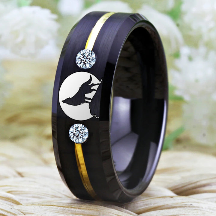 Tungsten Carbide Wolf Howling Moon Ring