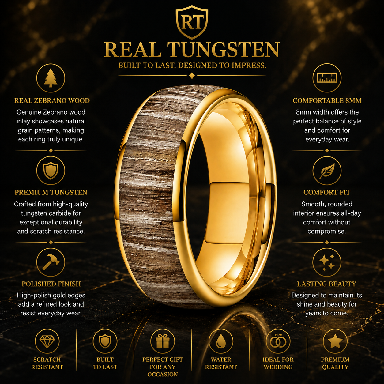 Tungsten Carbide Zebrano Wood Ring