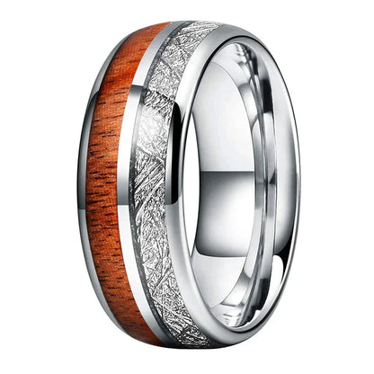 Tungsten Carbide Ring with Meteorite & Wood Inlay 