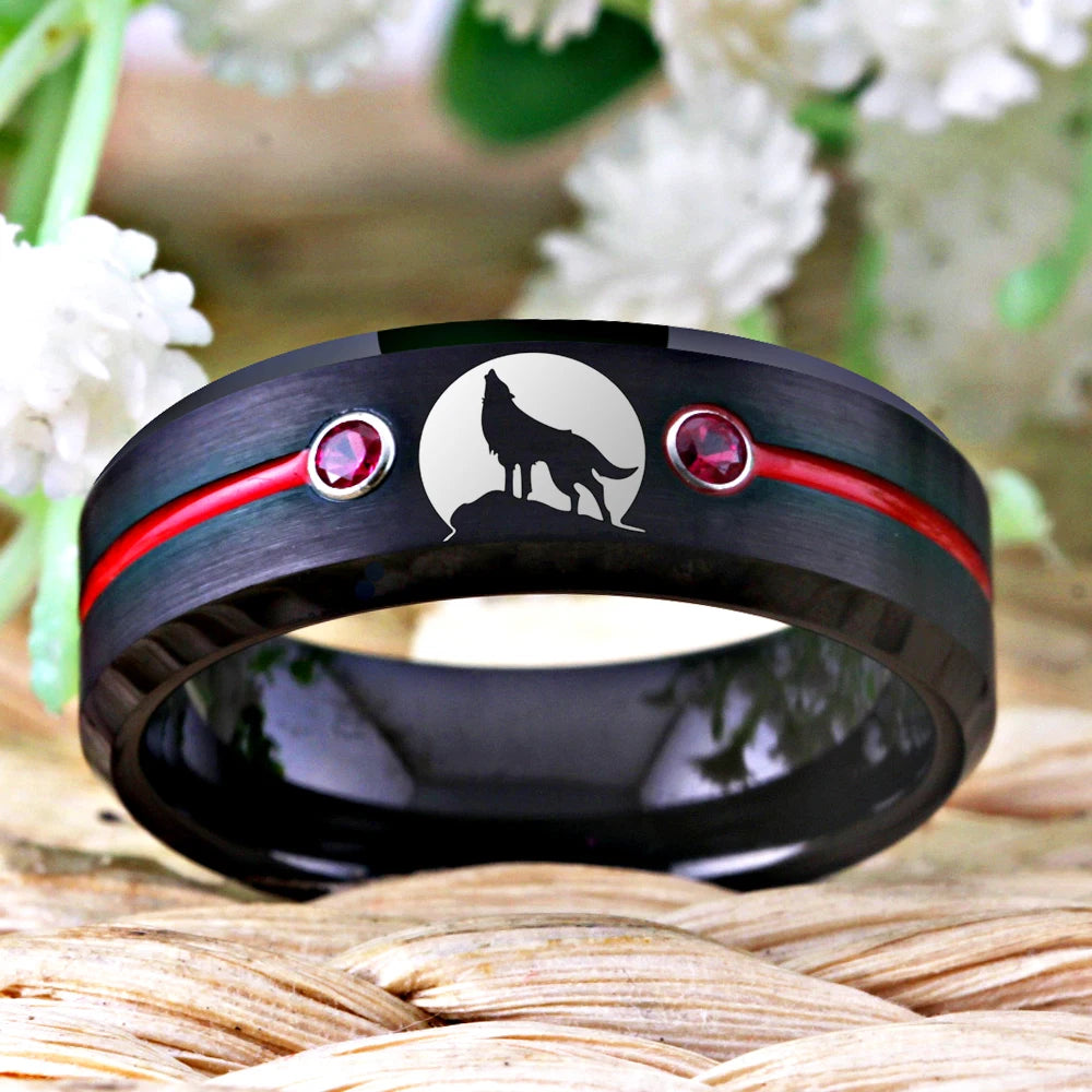 Tungsten Carbide Wolf Howling Moon Ring