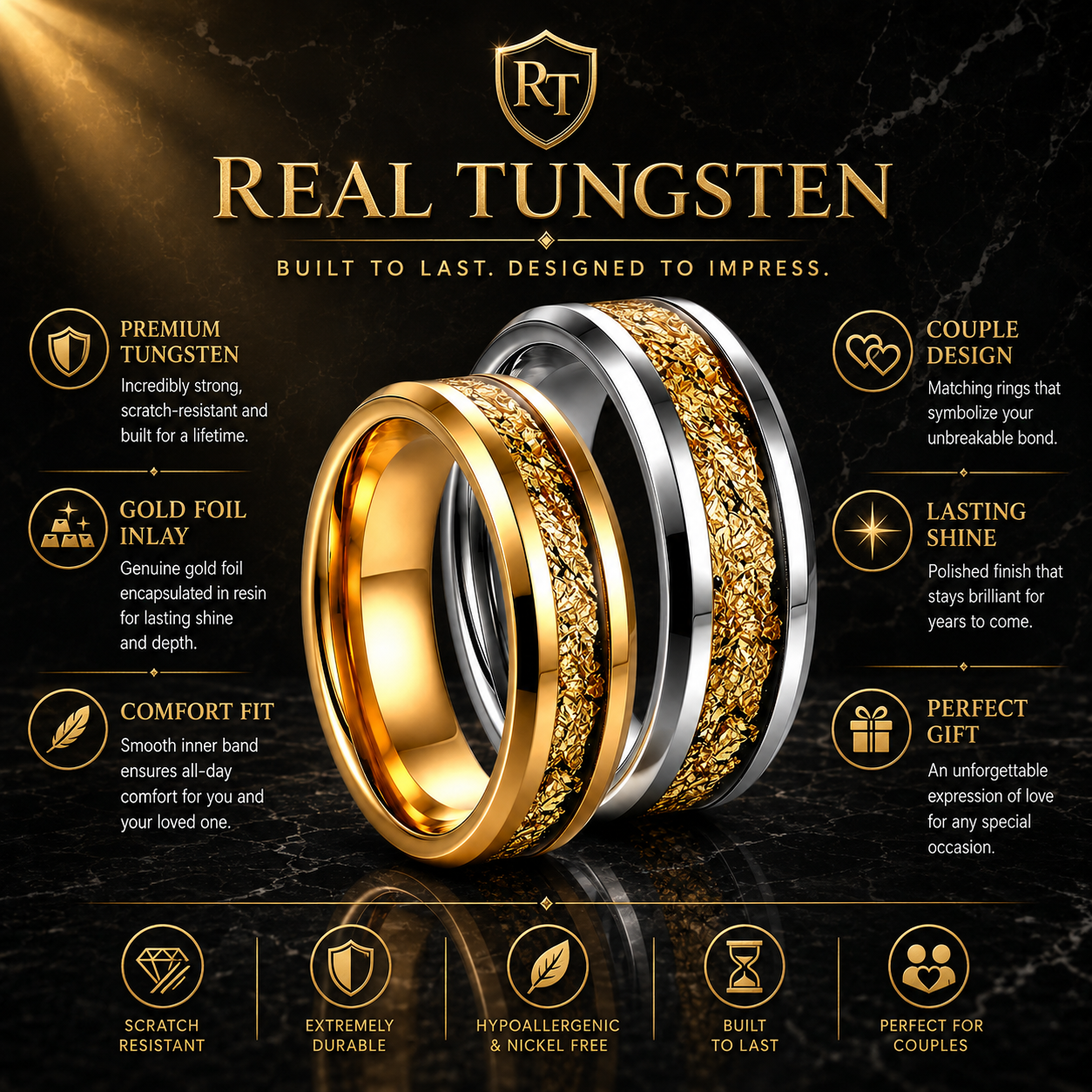 Tungsten Couple Ring Set with Gold Foil Inlay