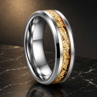 Tungsten Couple Ring Set with Gold Foil Inlay
