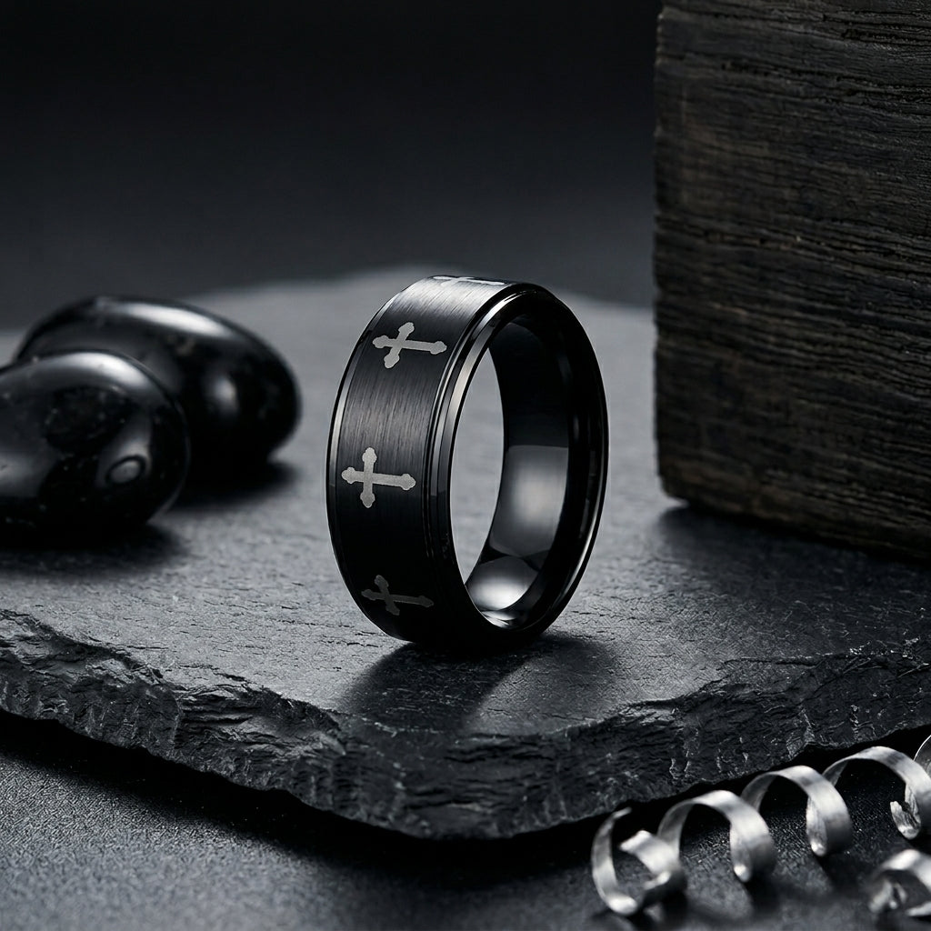 Tungsten Cross Ring with Lord’s Prayer