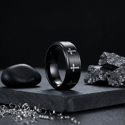 Tungsten Cross Ring with Lord’s Prayer