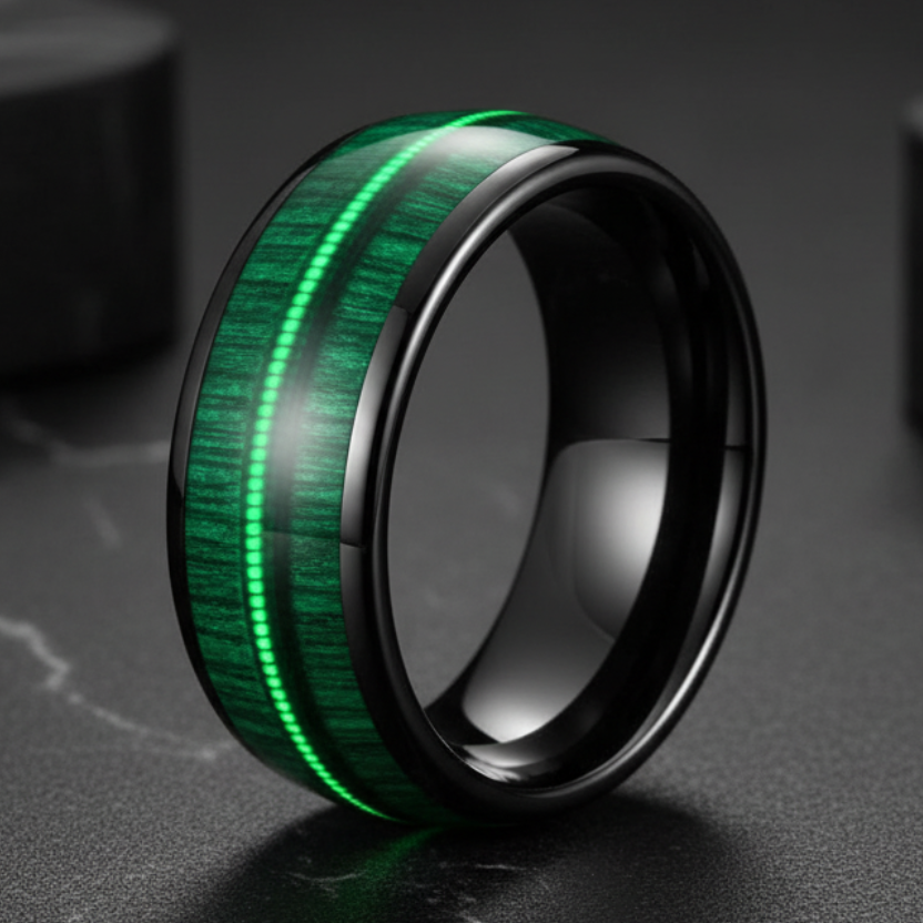 Tungsten_Dome_Ring_with_Green_Wood_and_Guitar_String_Inlay