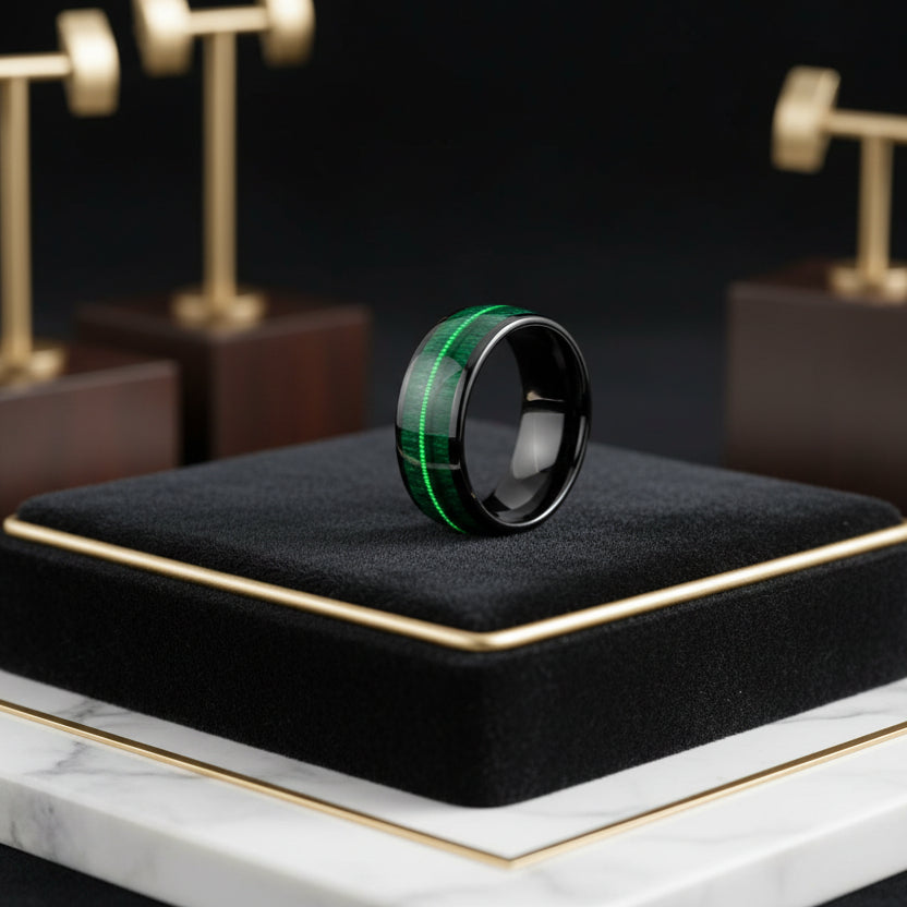 Tungsten Dome Ring with Green Wood and Guitar String Inlay