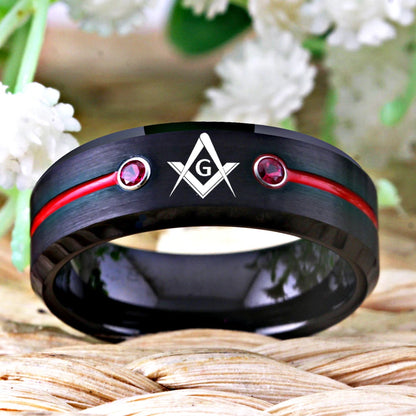 Tungsten Masonic compass square ring
