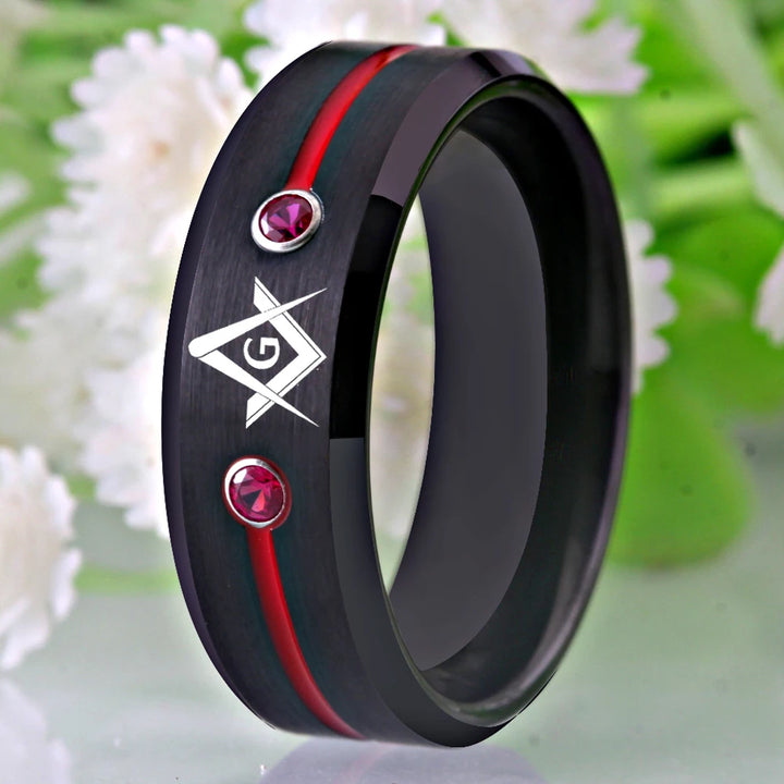 Tungsten Masonic compass square ring