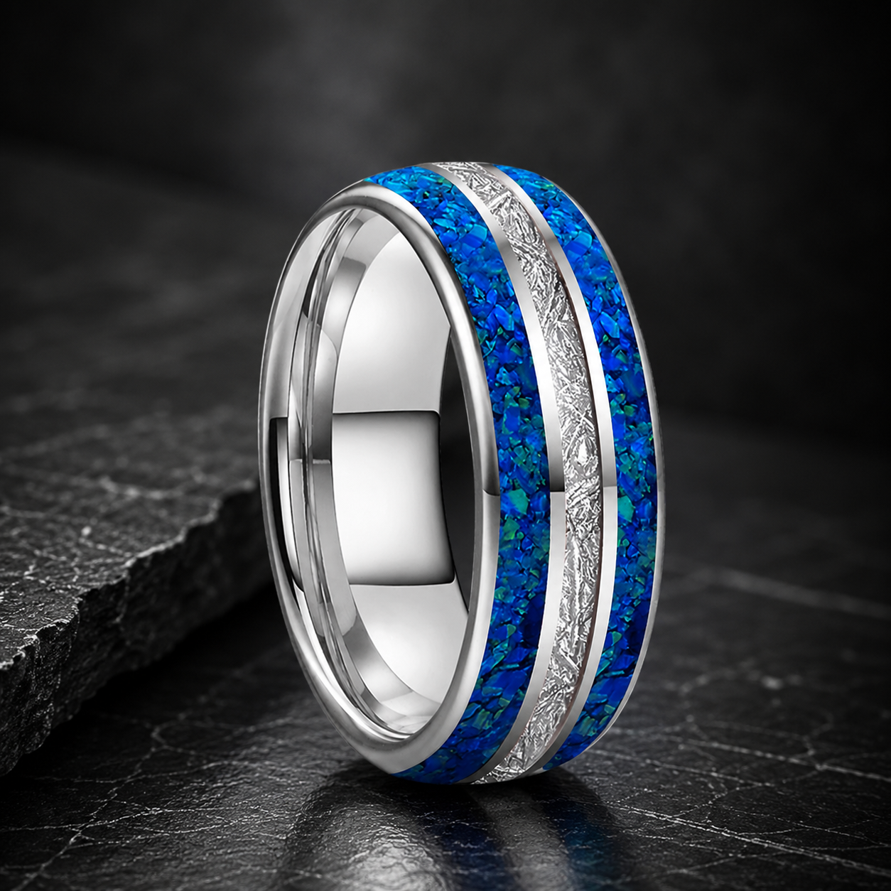 Tungsten Opal Ring with Meteorite