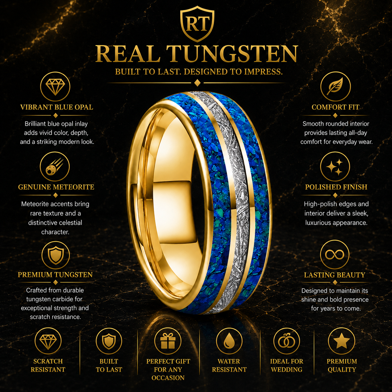Tungsten Opal Ring with Meteorite