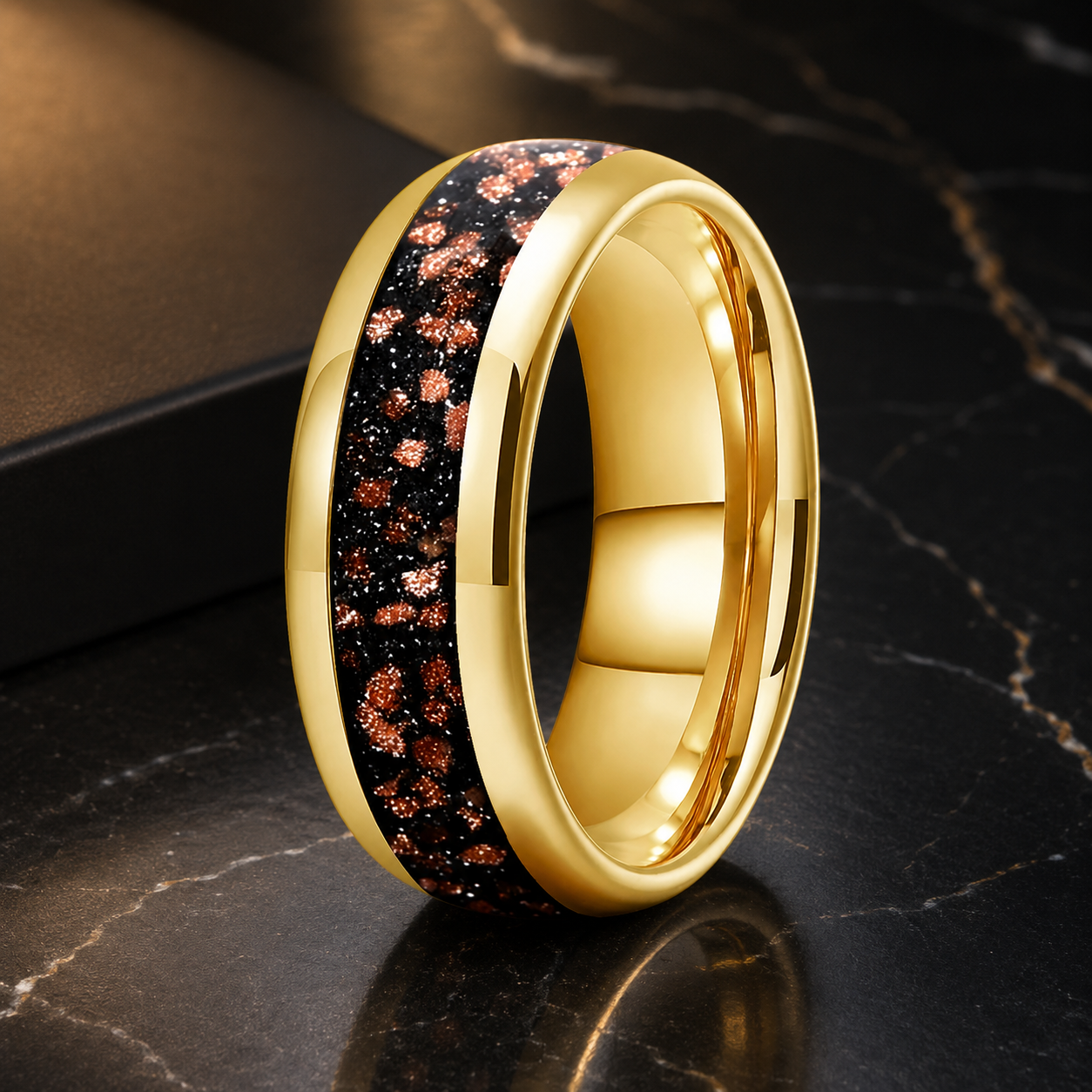 Tungsten Ring with Red Goldstone Nebula Inlay