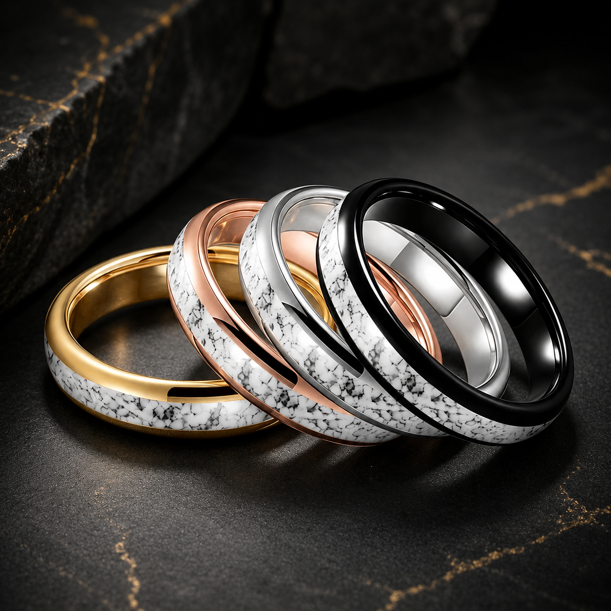 Tungsten Ring with White Turquoise Inlay