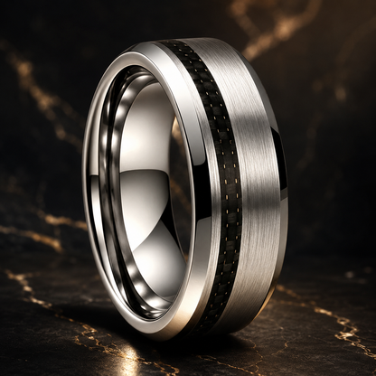 Brushed Tungsten Ring with Black Carbon Fiber Inlay
