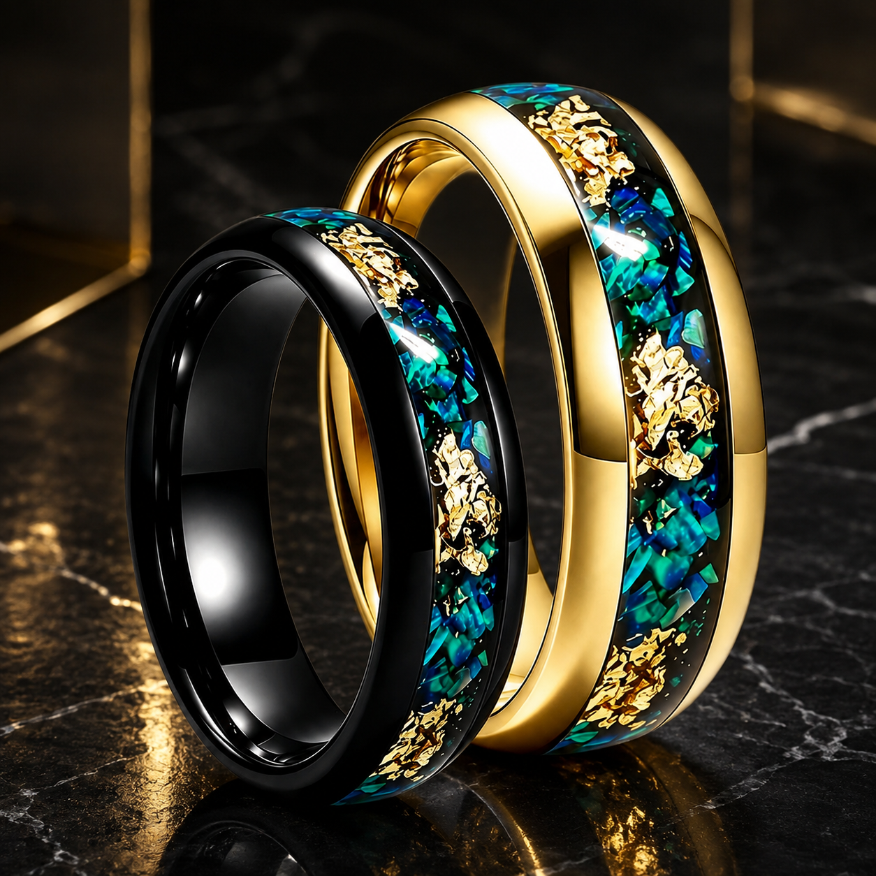 Tungsten Ring with Blue Opal and Gold Foil Inlay