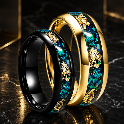 Tungsten Ring with Blue Opal and Gold Foil Inlay