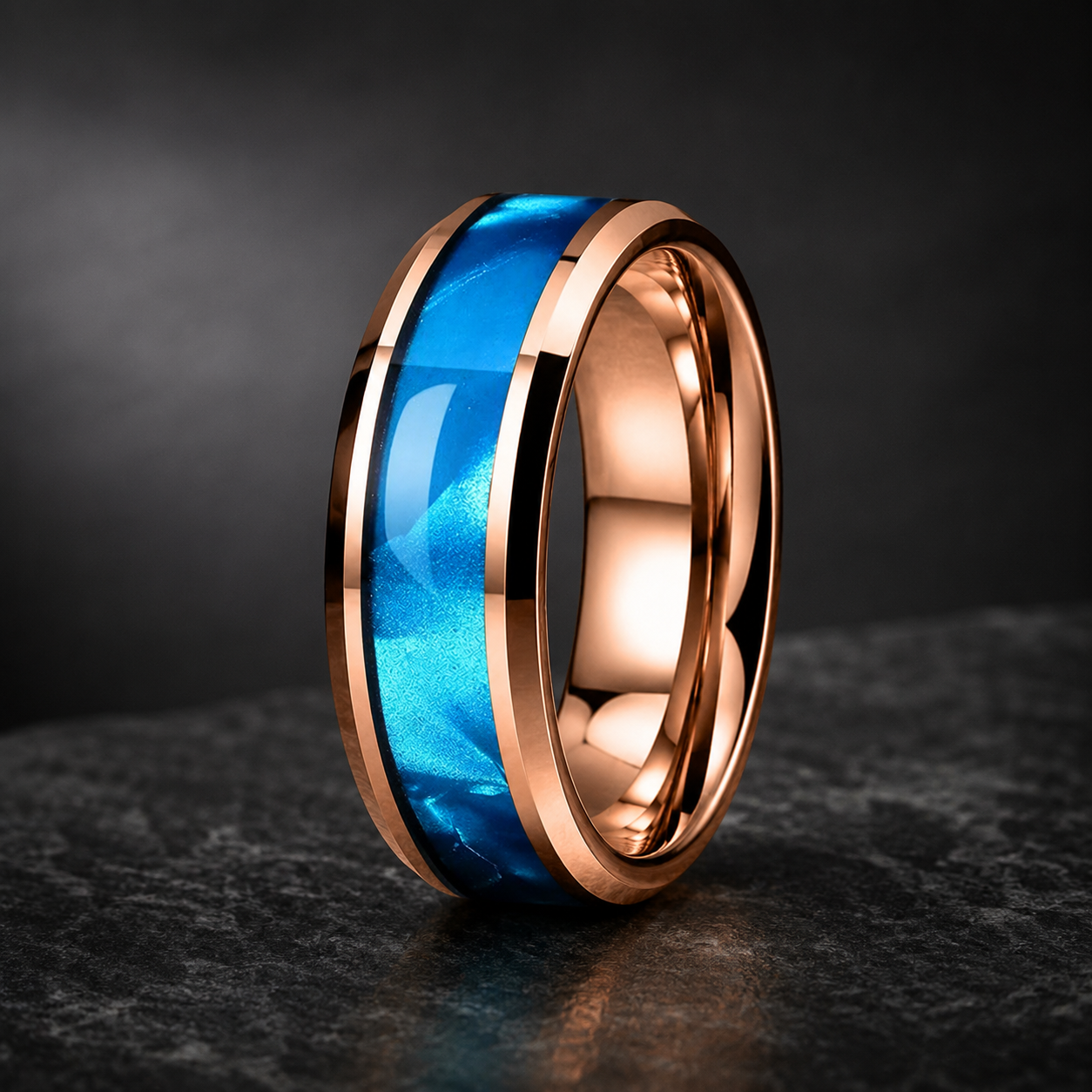Tungsten Ring with Blue Shell Texture Inlay