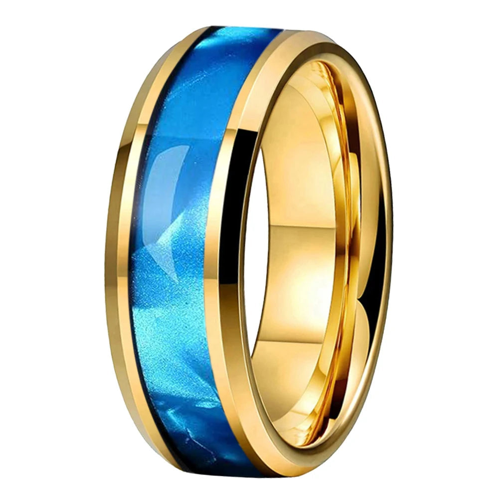 Tungsten Ring with Blue Shell Texture Inlay