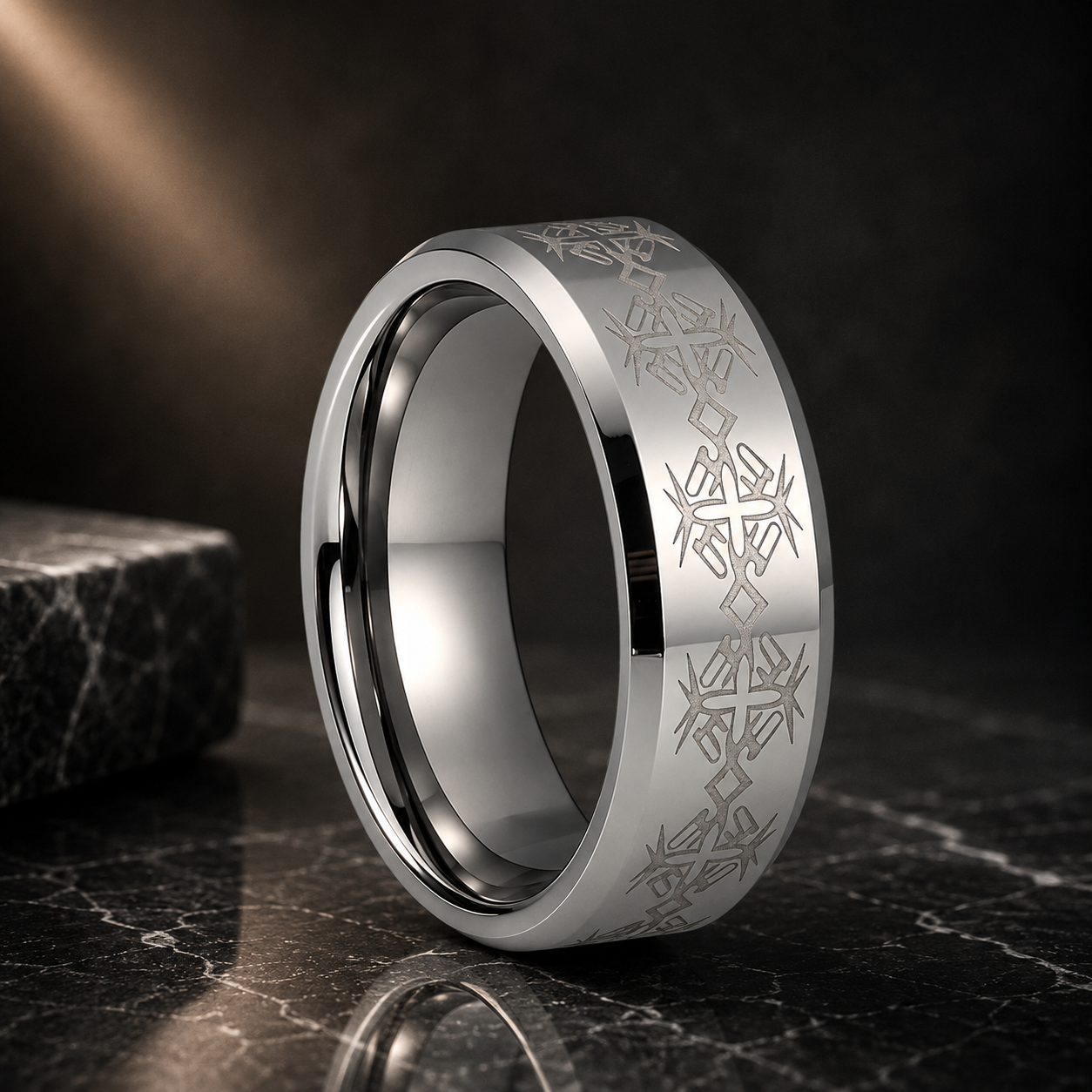 Tungsten Ring with Cross Totem Laser Engraving