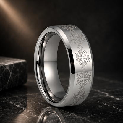 Tungsten Ring with Cross Totem Laser Engraving