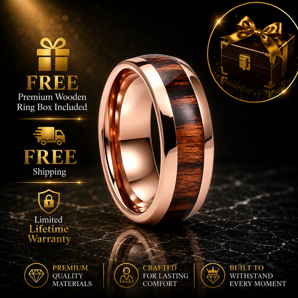 Tungsten Ring with Deep Redwood Inlay