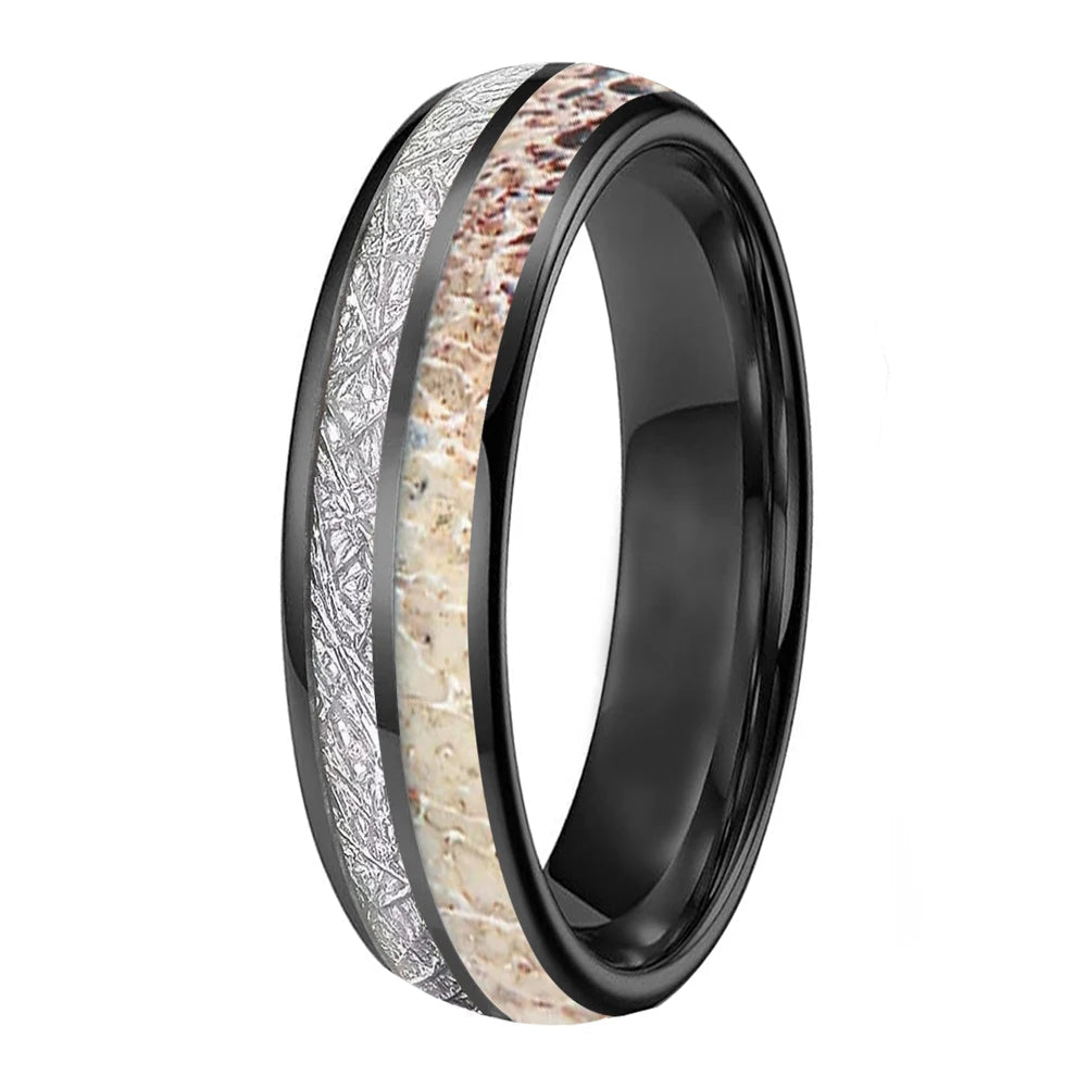 Tungsten Ring with Deer Antler & Meteorite Inlay