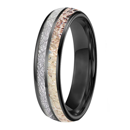 Tungsten Ring with Deer Antler & Meteorite Inlay