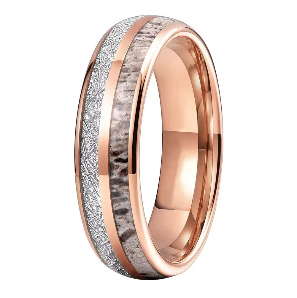 Tungsten Ring with Deer Antler & Meteorite Inlay