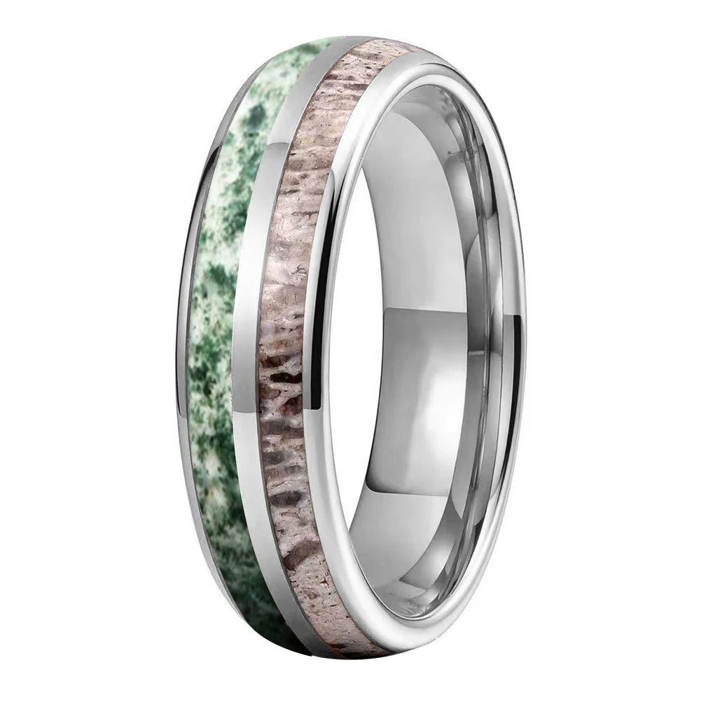Tungsten Ring with Deer Antler & Moss Agate Inlay