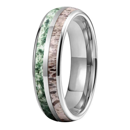 Tungsten Ring with Deer Antler & Moss Agate Inlay