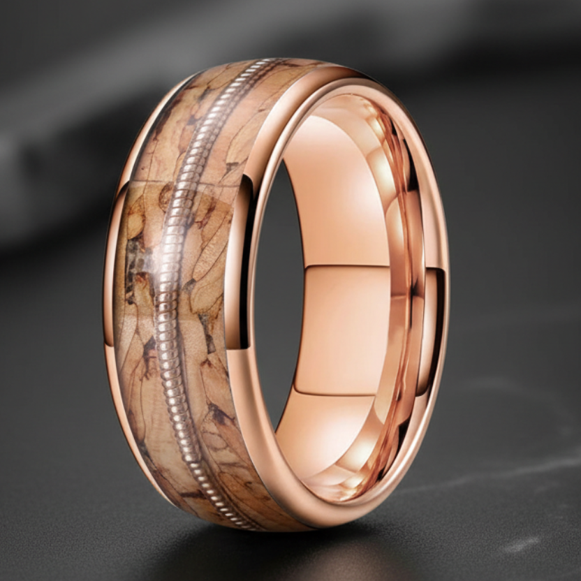 Tungsten Ring with Guitar String & Brown Wood Inlay - RealTungsten