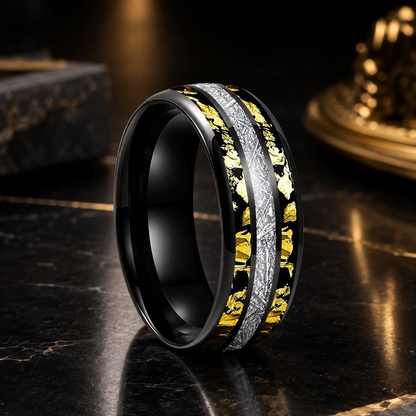 Tungsten Ring with Meteorite Gold Foil Inlay