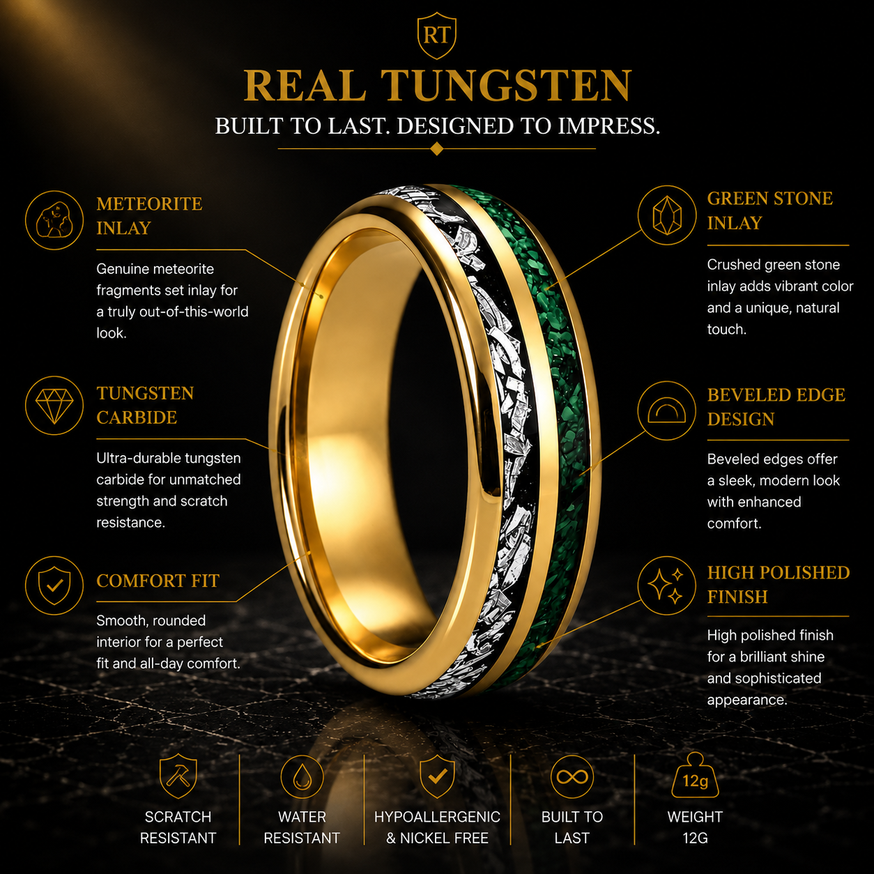 Tungsten Ring with Meteorite & Green Stone Inlay