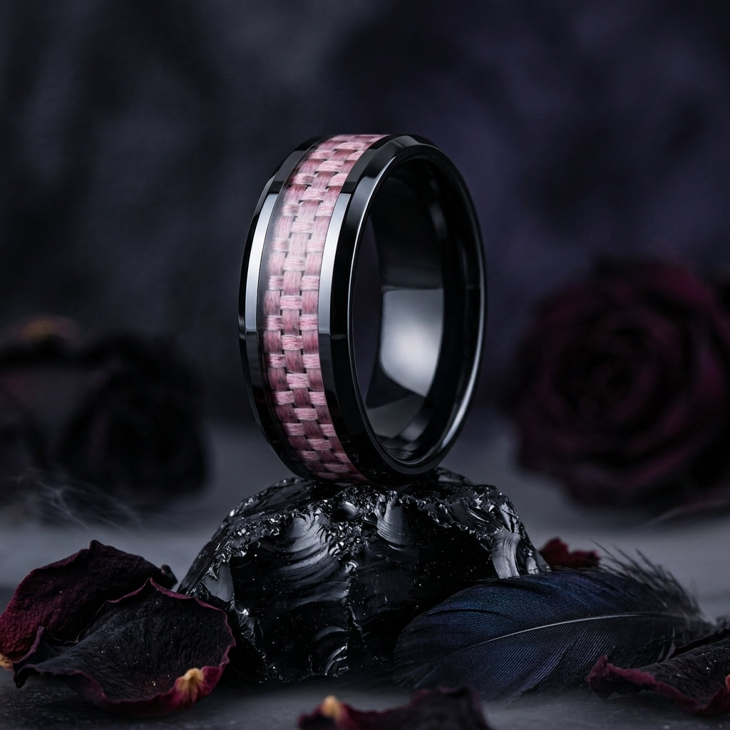 Tungsten Ring with Pink Carbon Fiber Inlay