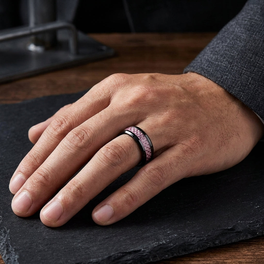 Tungsten Ring with Pink Carbon Fiber Inlay