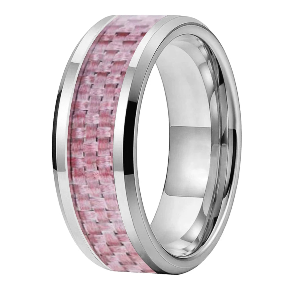 Tungsten Ring with Pink Carbon Fiber Inlay