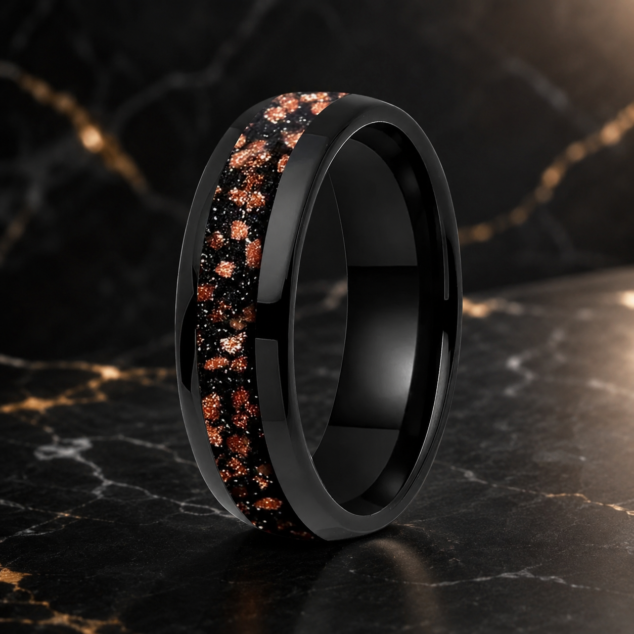 Tungsten Ring with Red Goldstone Nebula Inlay