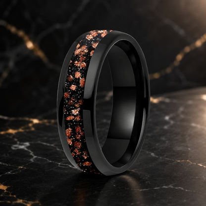 Tungsten Ring with Red Goldstone Nebula Inlay